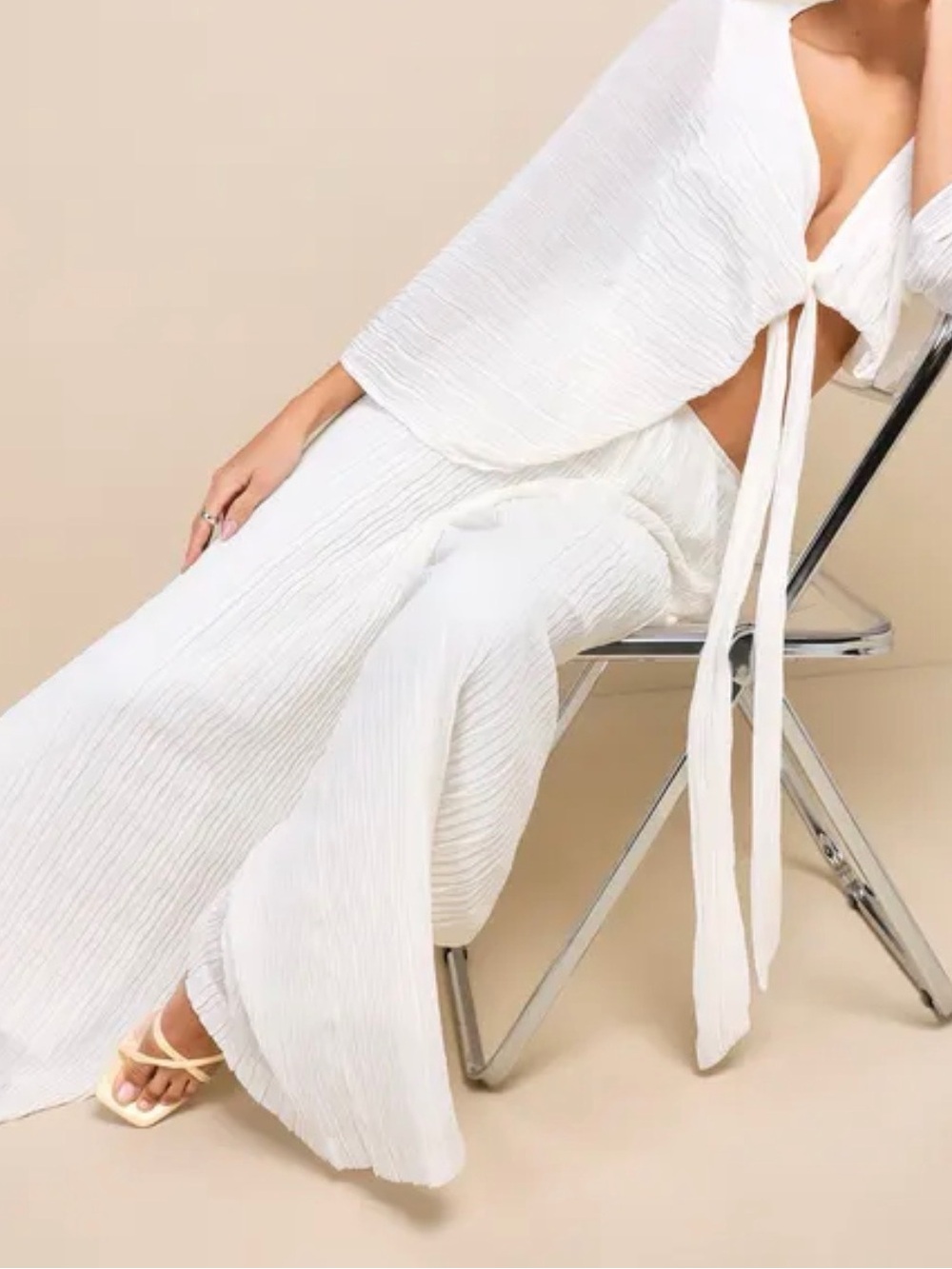 Lulus Pristine Presence Ivory Plisse High-Waisted Wide-Leg Pants Medium
